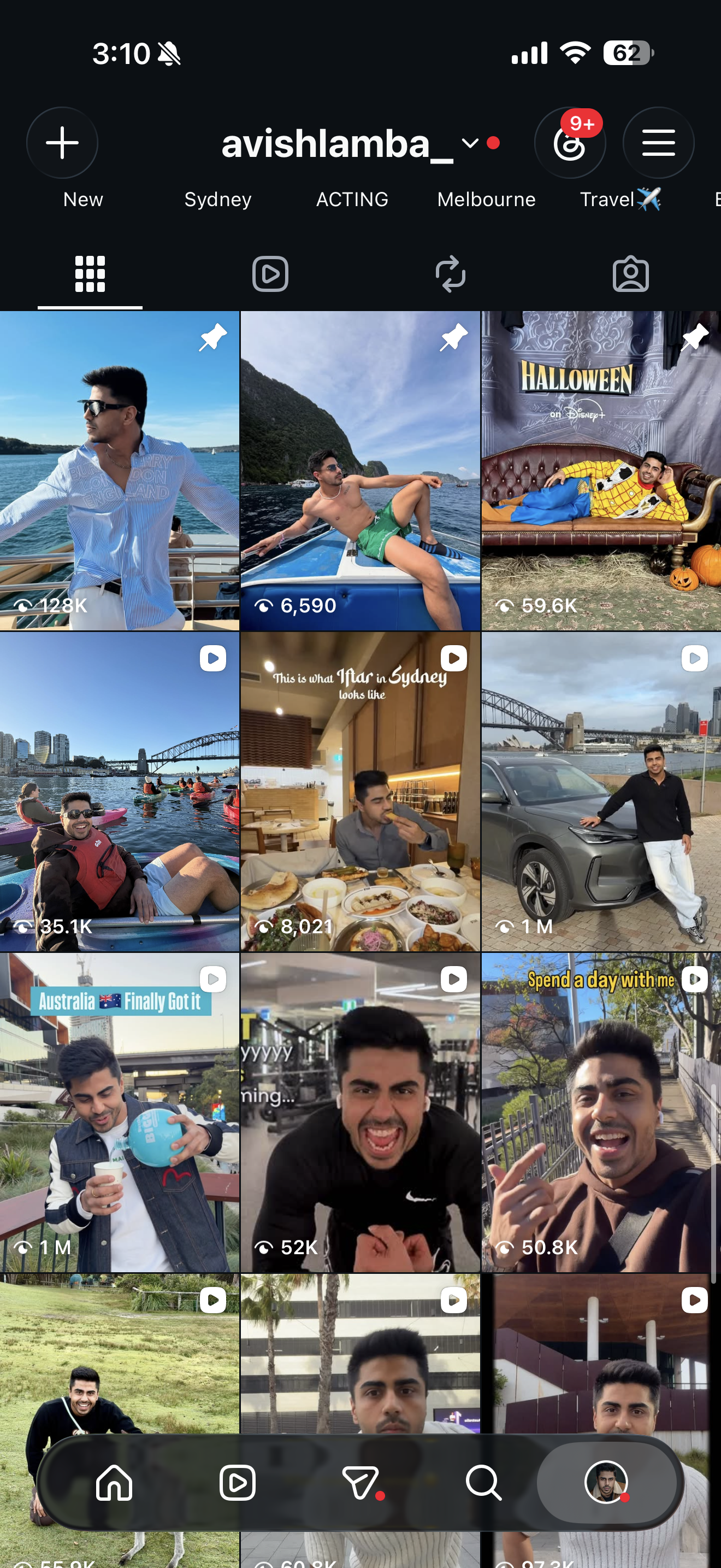 Instagram content grid @avishlamba_: reels at 1M, 128K, 99.8K views