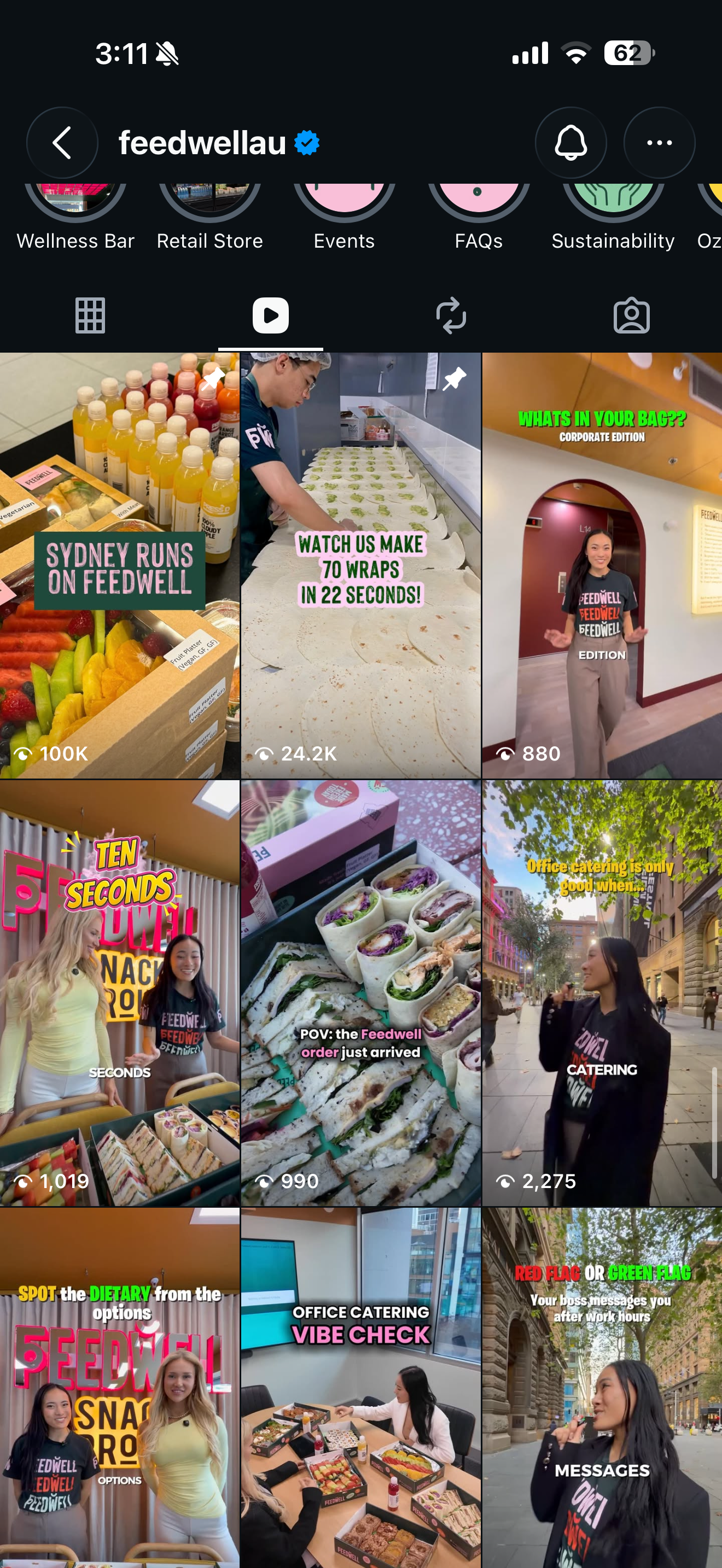 Feedwell Instagram content grid: reels at 100K, 24.2K views