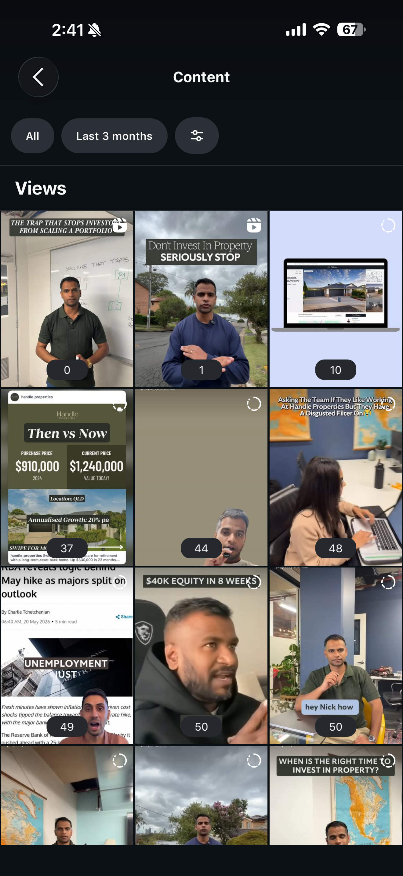 Before, Instagram content grid, older reels stuck at single and double-digit views