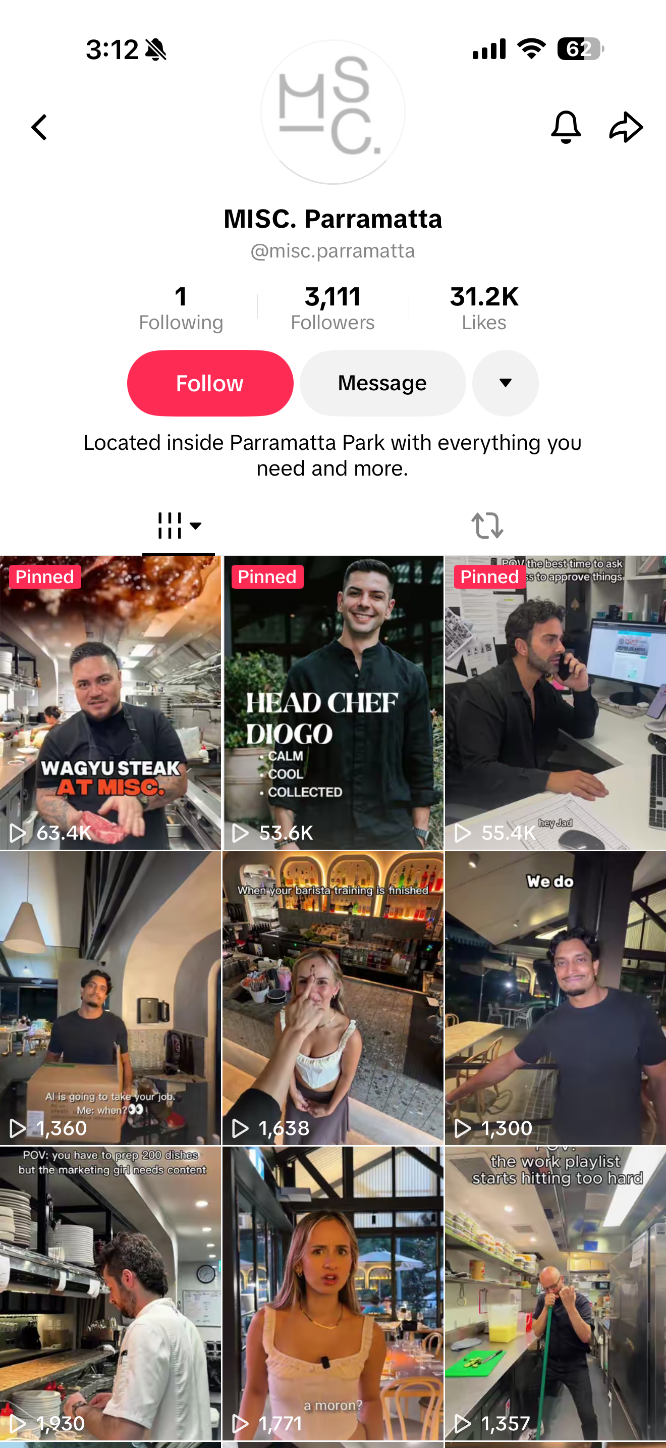 MISC. Parramatta TikTok: 3,111 followers, reels at 63.4K, 53.6K, 55.4K views